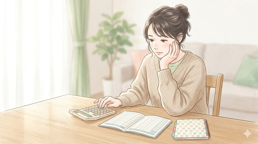 家計簿と電卓を前に考え込む女性のイラスト