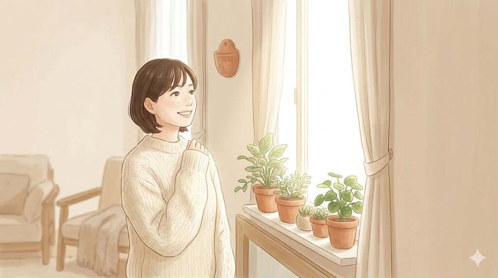 窓辺で微笑む30代女性と差し込む自然光のイラスト