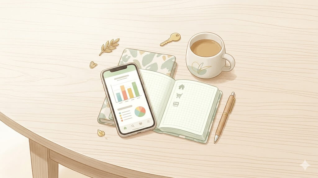 スマホ家計アプリとノートが並ぶ俯瞰イラスト