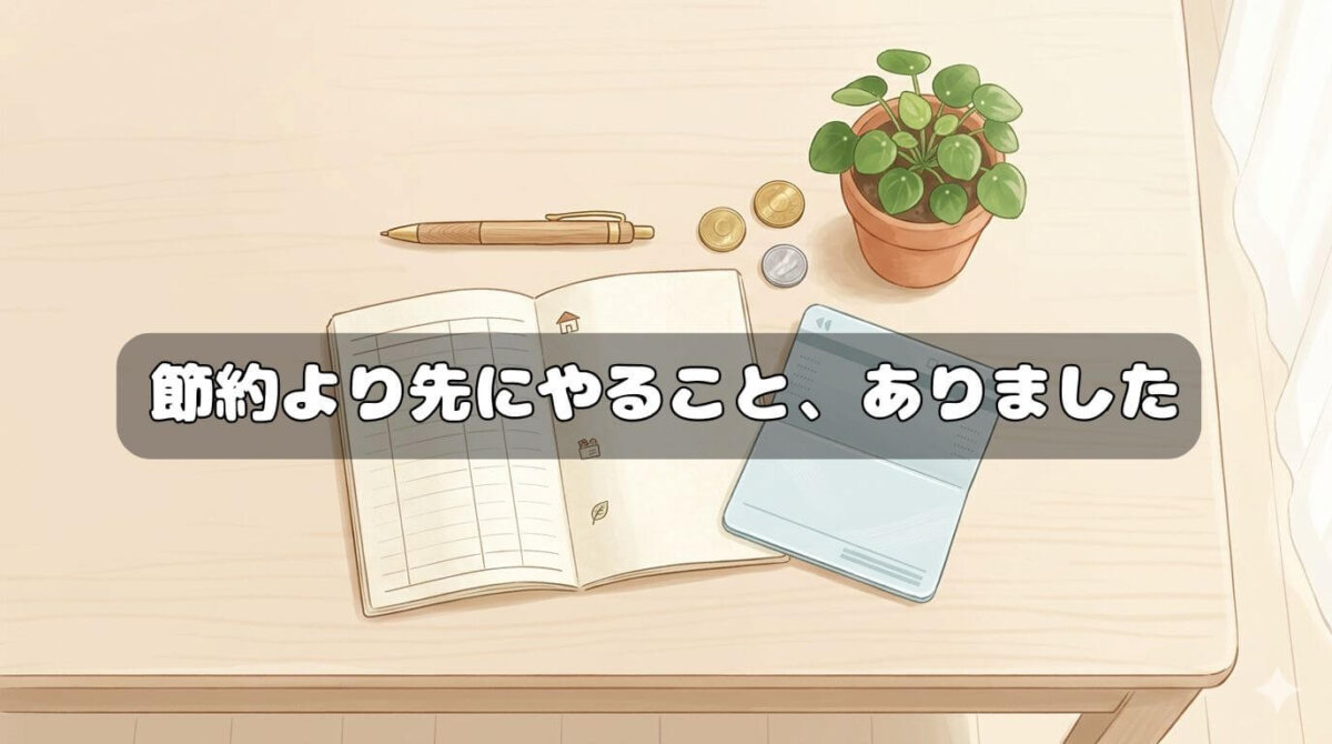 家計簿と通帳が並ぶ明るいダイニングテーブルのイラスト