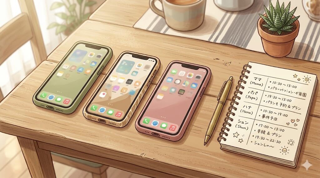 家族分のスマホとメモ帳が並ぶ俯瞰イラスト