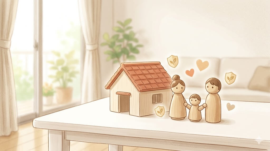 一軒家と家族の人形が並ぶ温かいイラスト