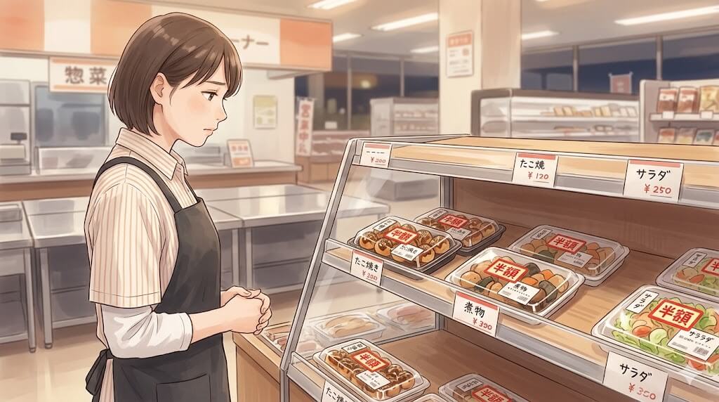 半額シールが貼られたまま残る棚を見る店員のイラスト
