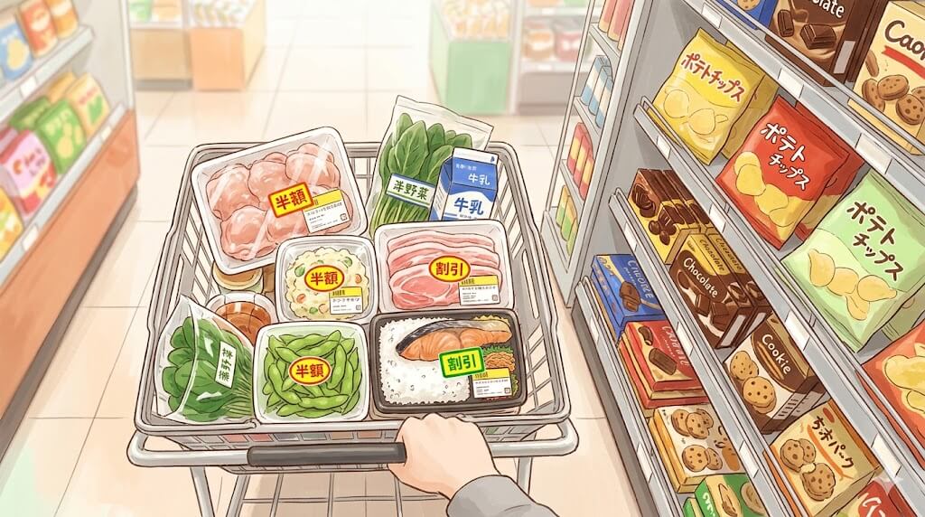 半額商品を選んで買い物カゴに入れる場面のイラスト