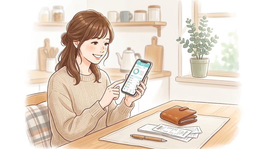 家計アプリを見ながら家計管理をする女性