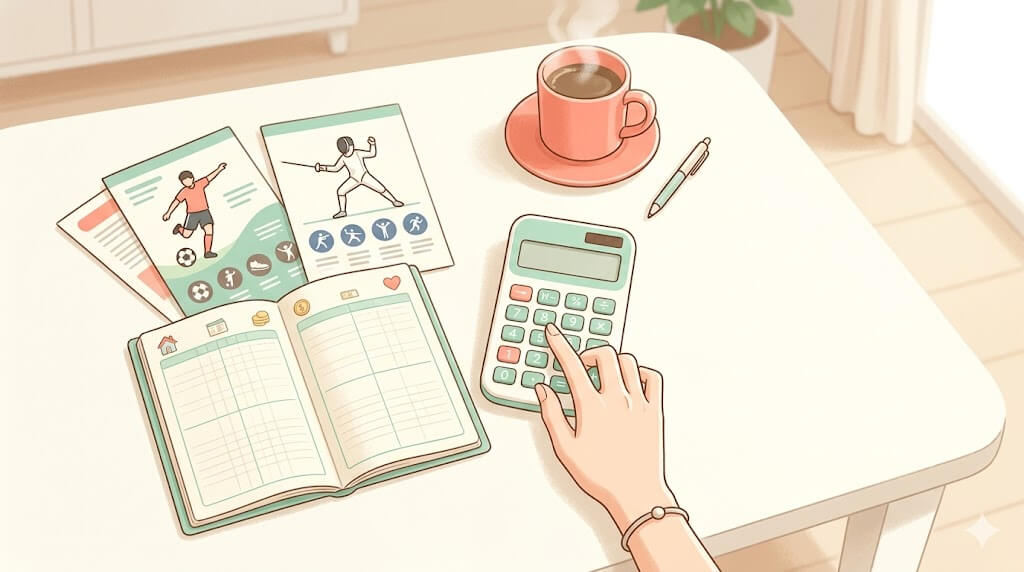 電卓と家計メモで習い事費用を比較する母親の手元