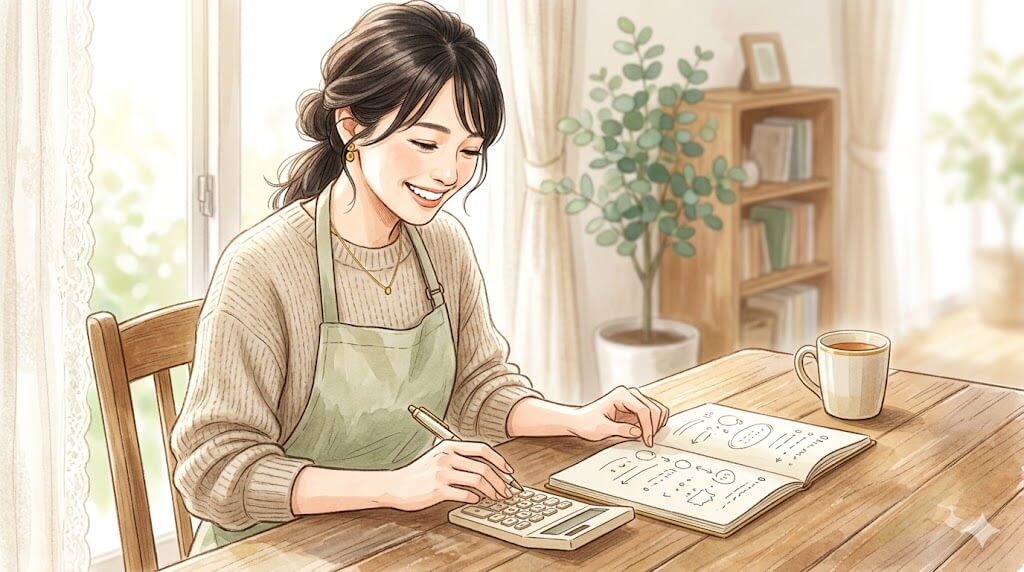電卓とメモで家計を確認して気づく女性のイラスト