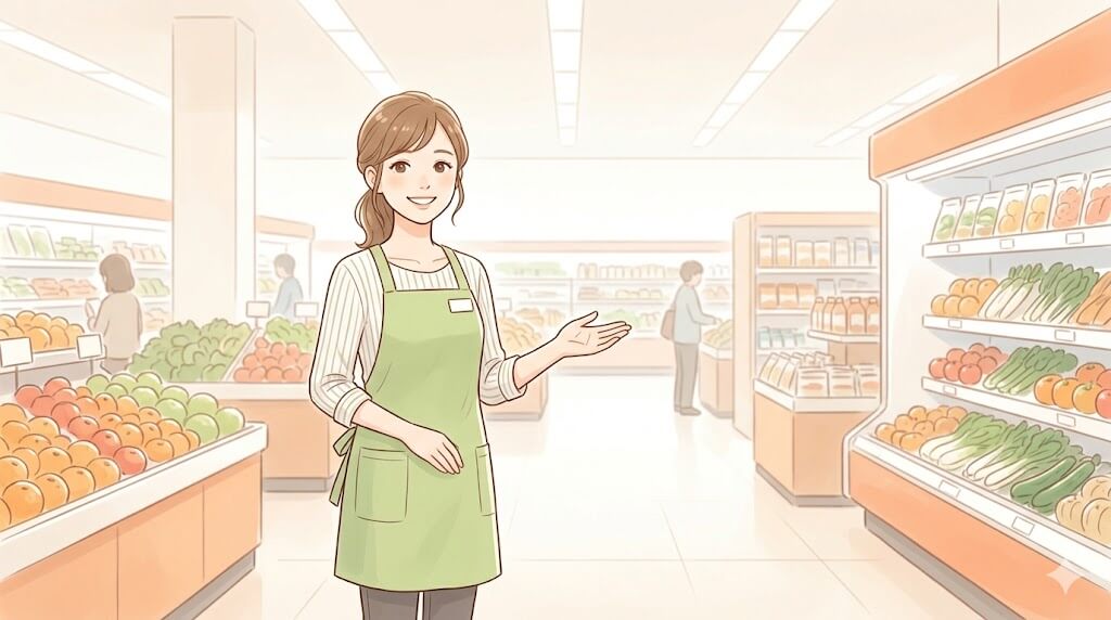 半額活用のコツを教えてくれる笑顔の店員イラスト