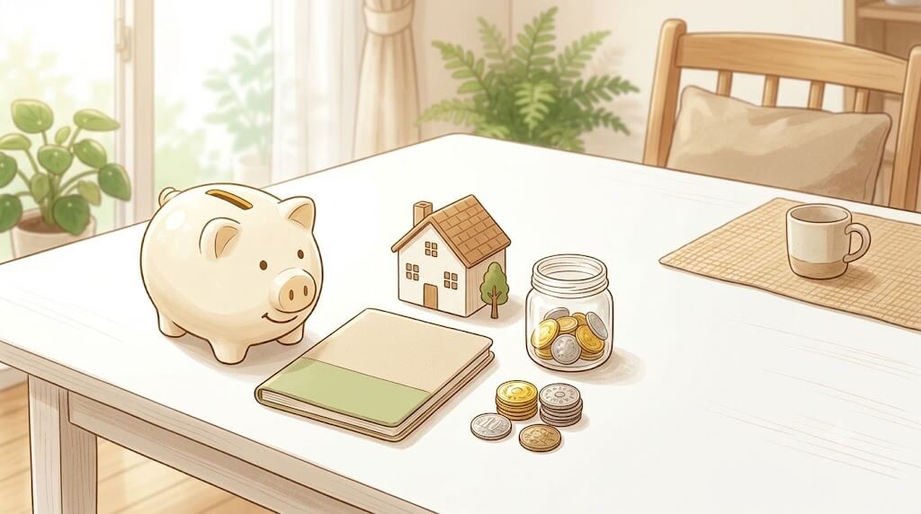 住宅ローンの備えを表す貯金箱と通帳と家の模型