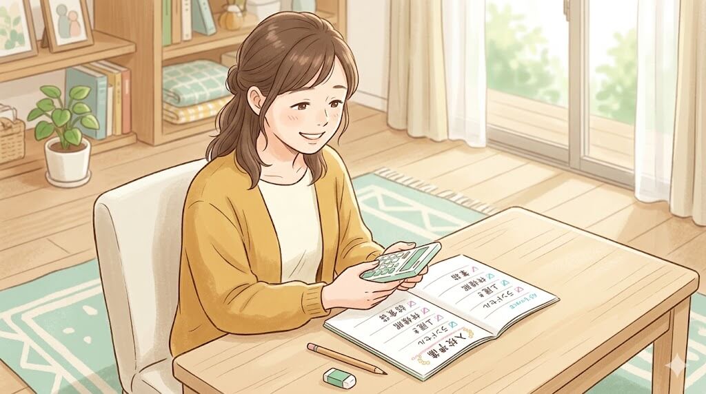 家計ノートを開いて安堵する母親と電卓のイラスト