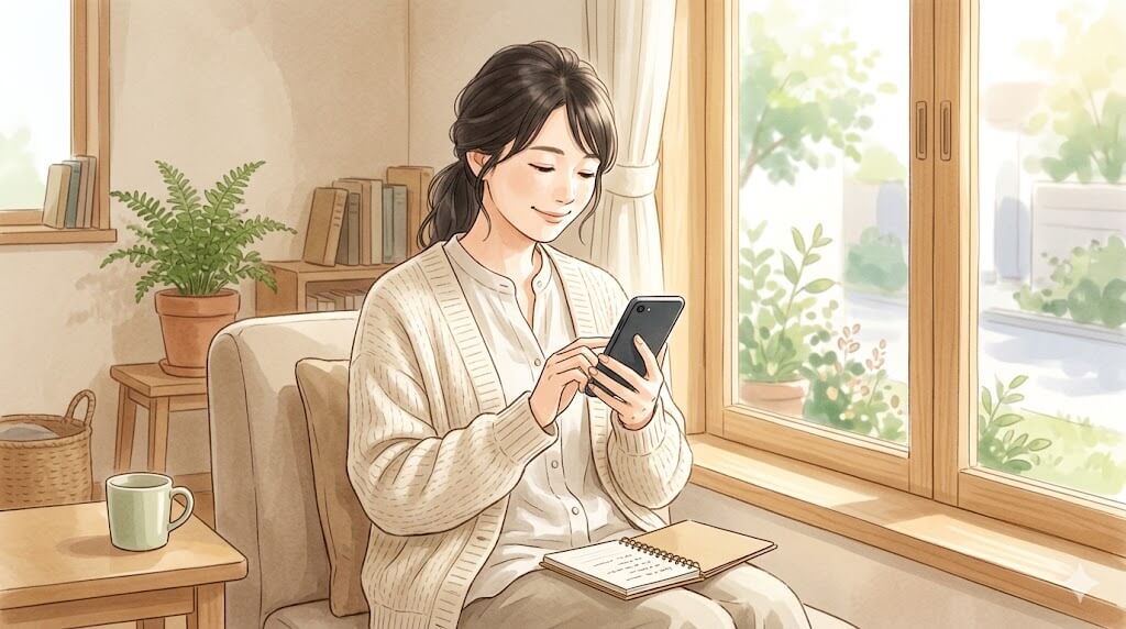 窓辺でスマホを見て納得した表情の女性イラスト