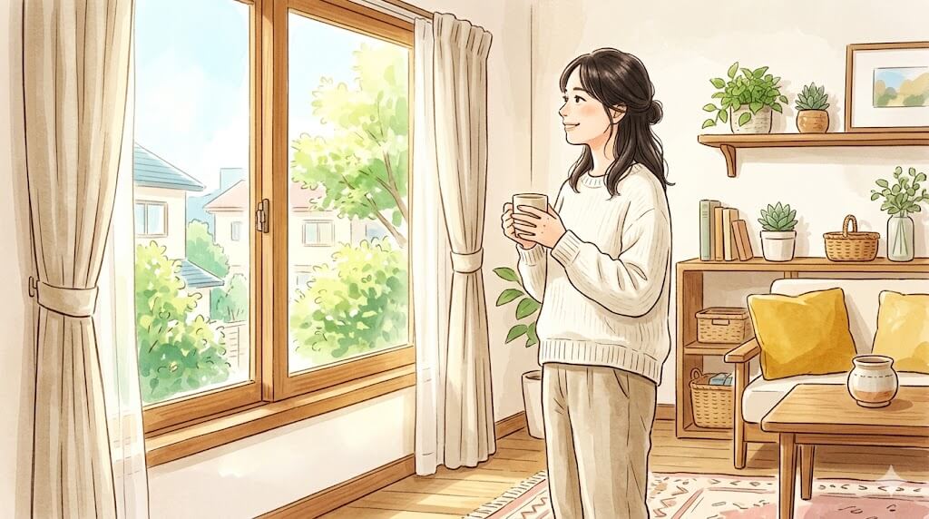 朝の窓辺で前を向く女性のイラスト