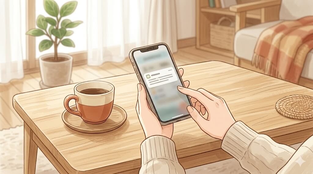 スマホの通知を見る女性の手元イラスト