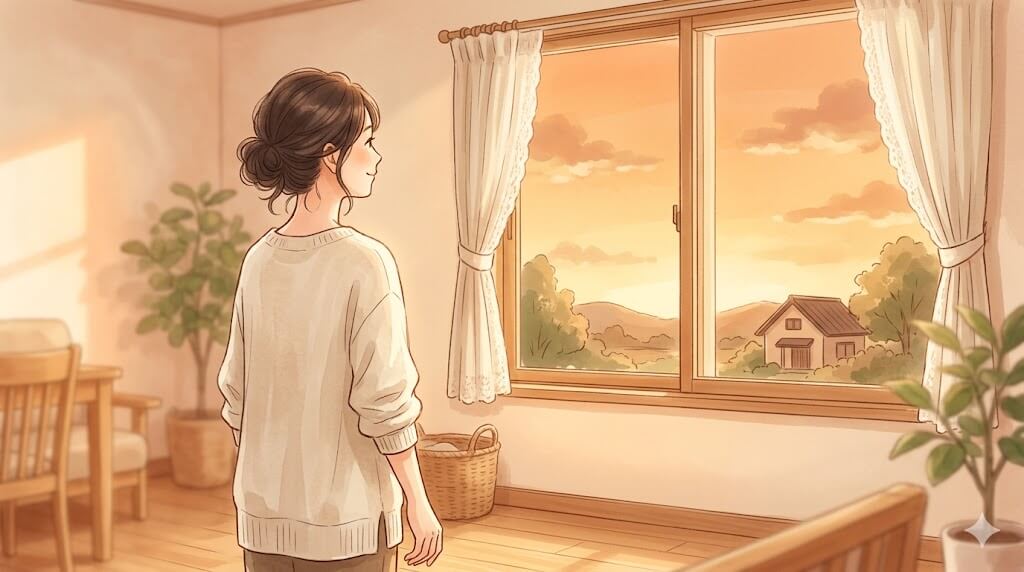 窓辺で外を見つめる女性の温かいイラスト