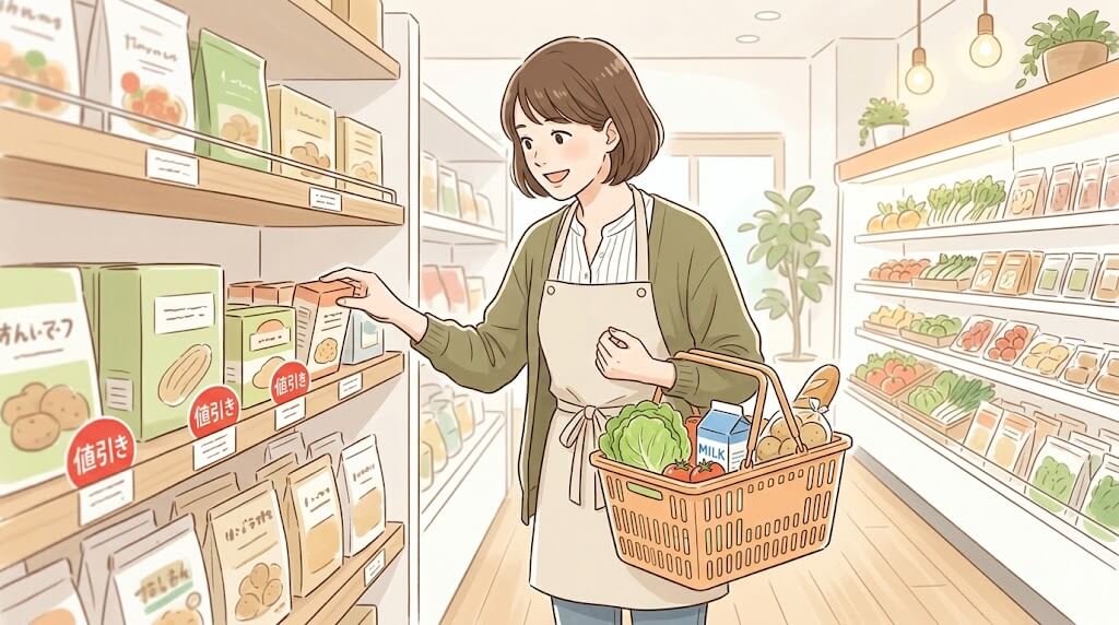 スーパーで買い物カゴを持ち商品を選ぶ女性