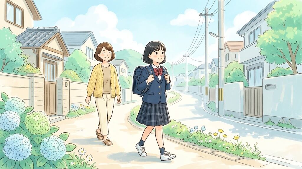 通学カバンを背負い前向きに歩く子どもと見守る母親のイラスト