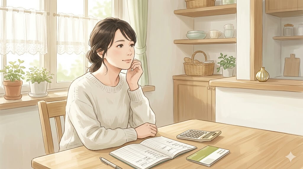 家計簿を前に考え込む女性のイラスト