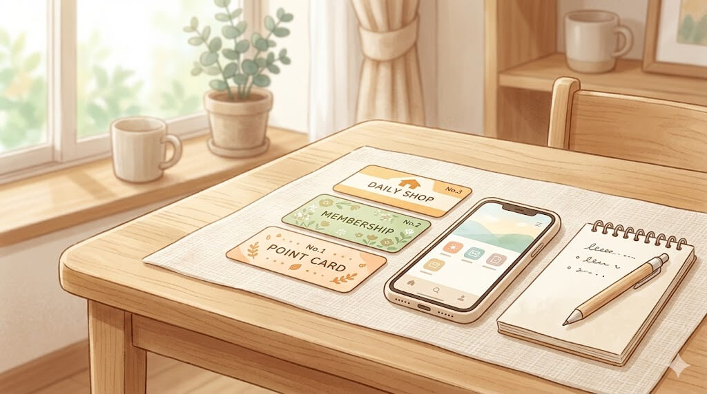 テーブルでポイントカードを整理する手元