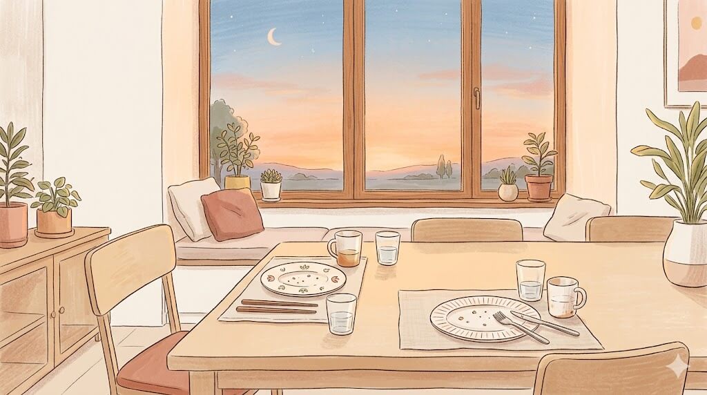 夕食後の食器が並ぶ夫婦のダイニング