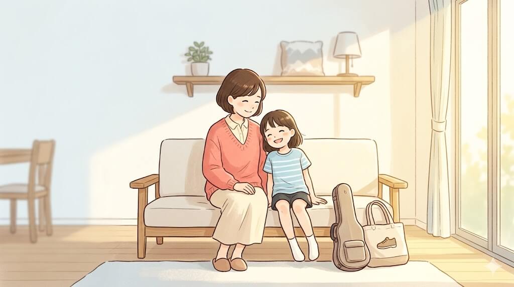 リビングで並んで微笑む母親と子どものイラスト