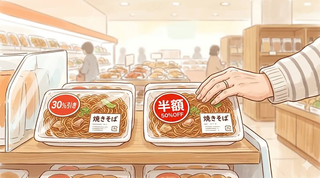 半額と30%引きシールを比べる買い物客の手元イラスト