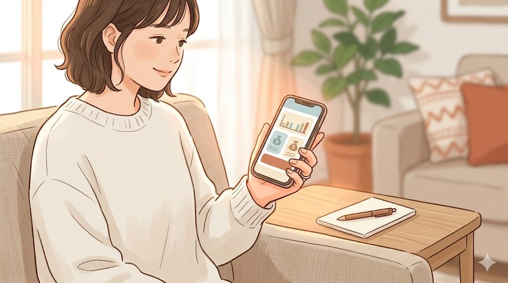 スマホとメモで家計管理を始める女性のイラスト