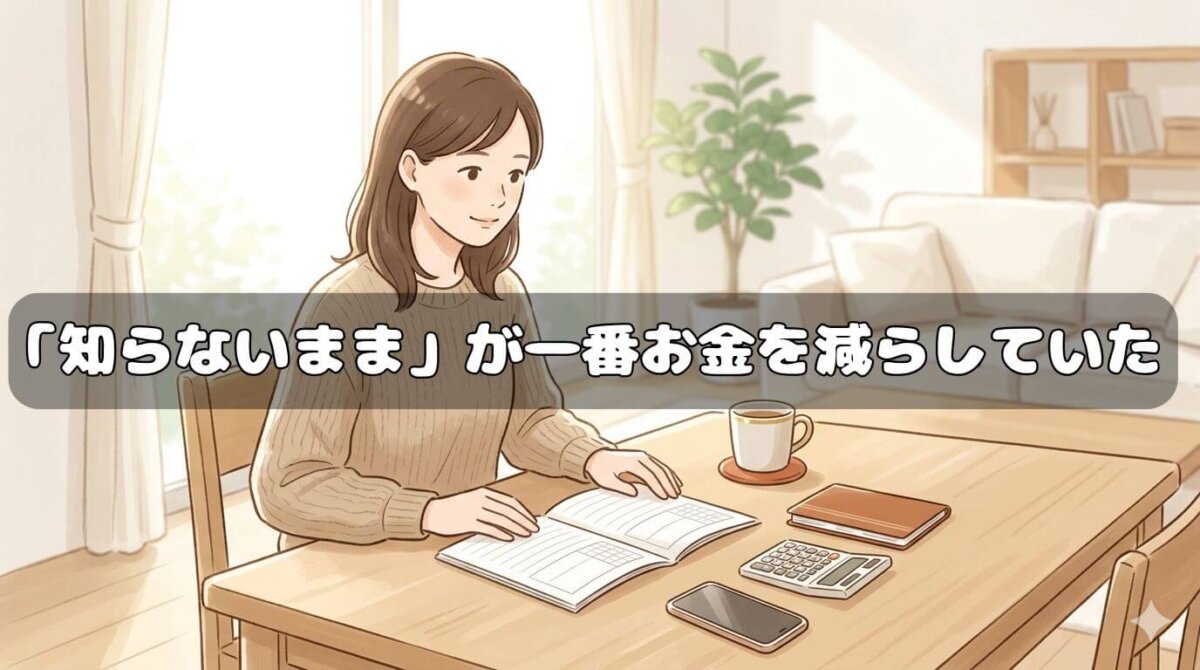 家計簿を前に考える女性のイラスト