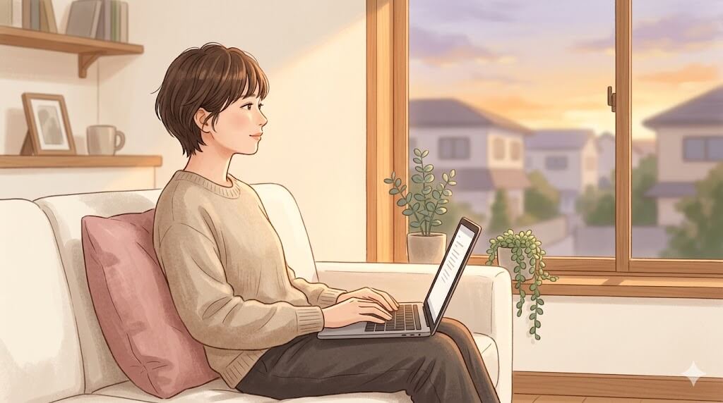 窓辺でPCを開く女性、夕暮れのイラスト