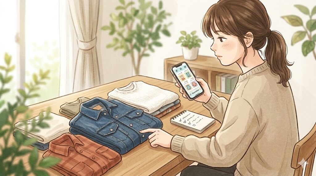 メルカリで古着を出品する女性・売れるコツを確認するシーン