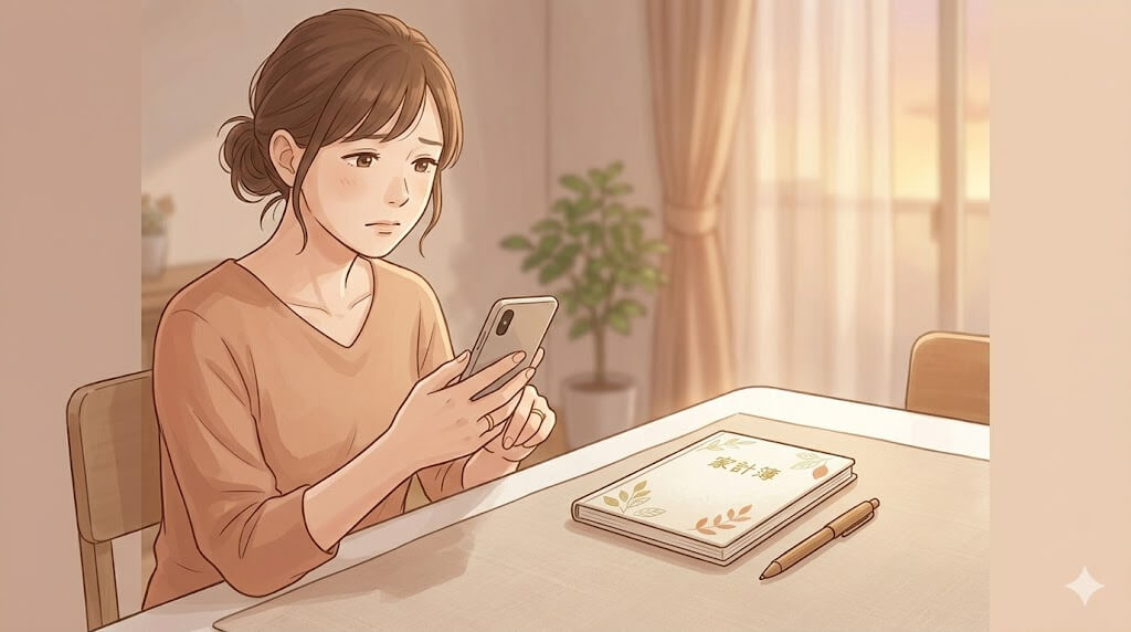 スマホを見て困り顔の女性と家計簿