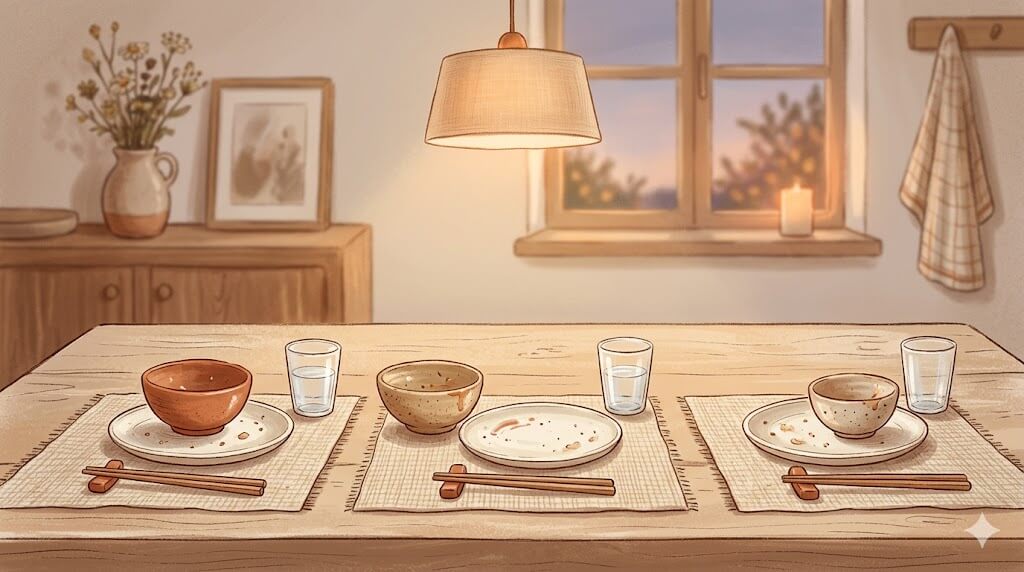 夕食後の食卓に並んだ空の器と家族の気配