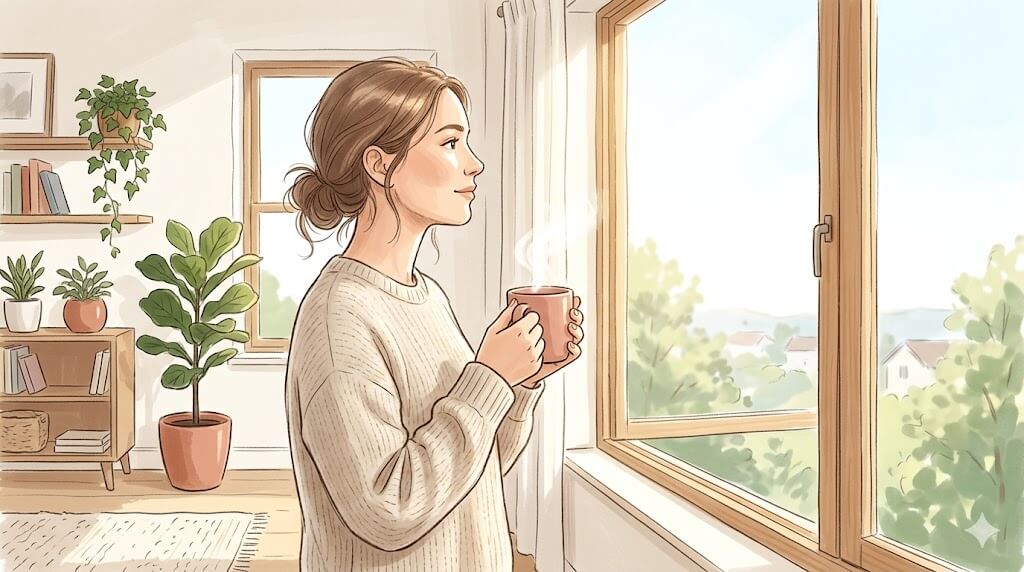 朝の窓辺でマグカップを持つ女性のイラス