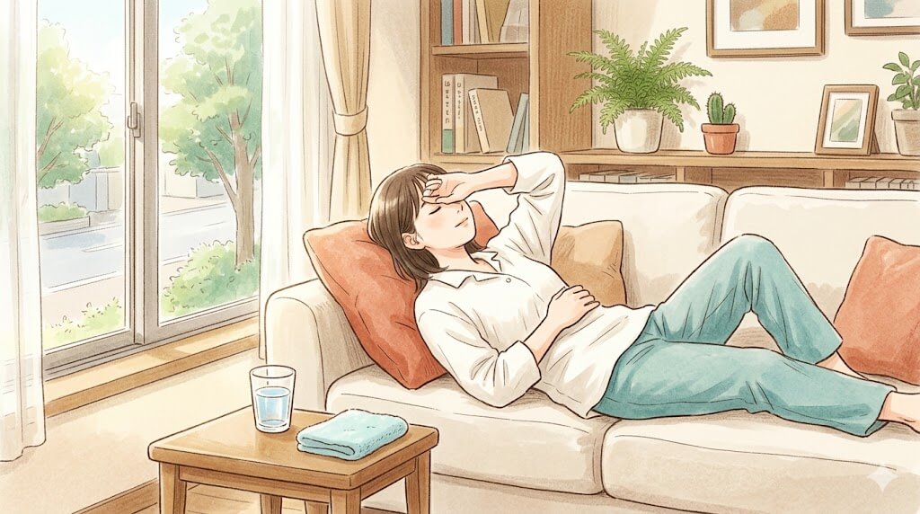 術後に自宅ソファで安静にする女性の午後