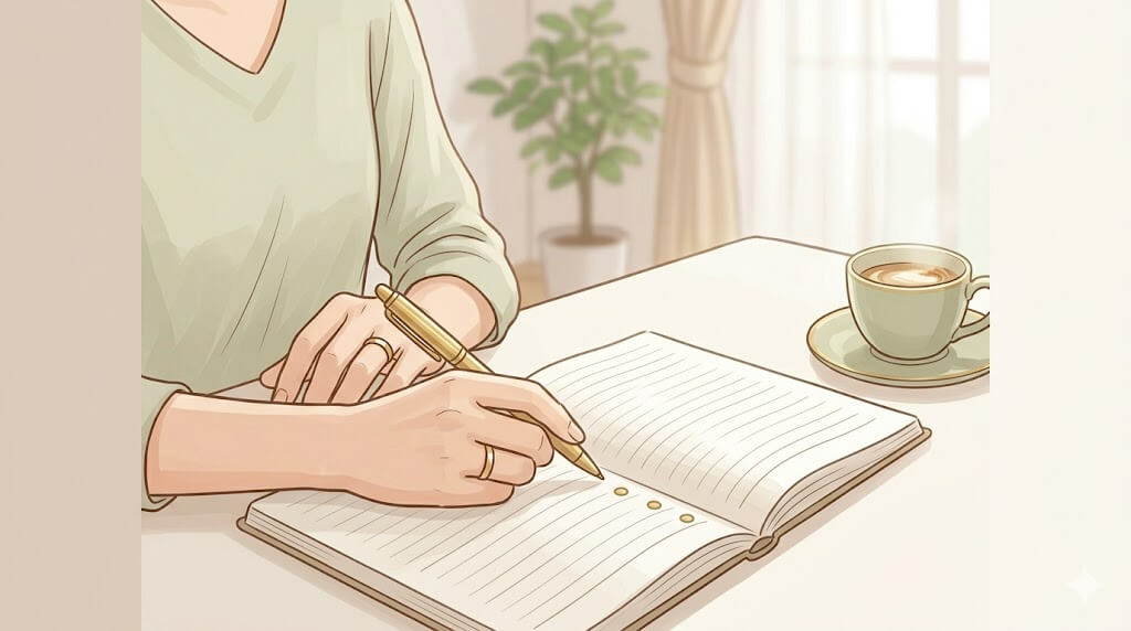 ノートに学びを書き留める女性の手元とコーヒー