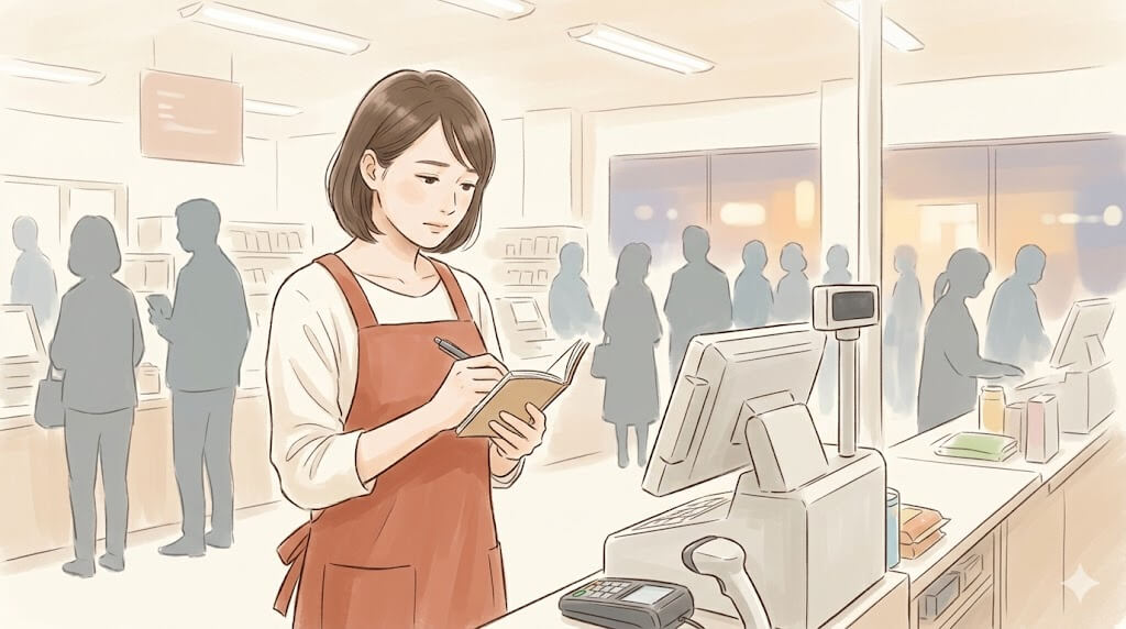 エプロン姿でメモを持つ女性、レジ前のイラスト
