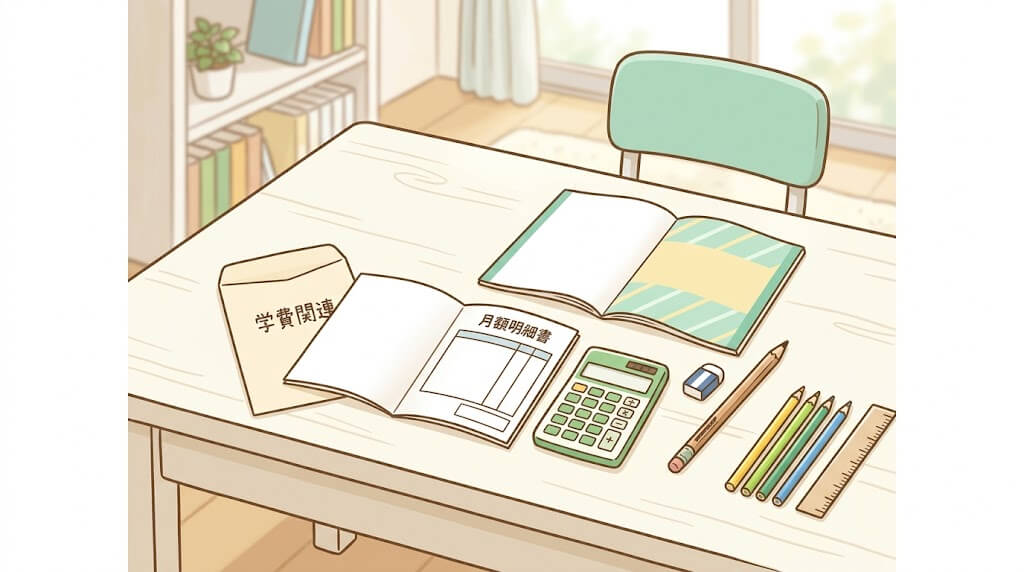 学習机に広がる明細書と学用品のイラスト