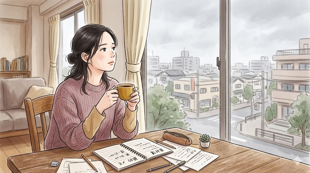 窓辺でコーヒーを持ちながら外を見つめる女性