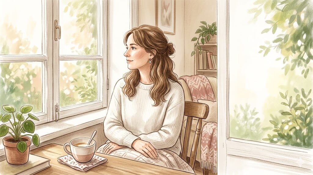 窓辺で遠くを見つめる女性のイラスト