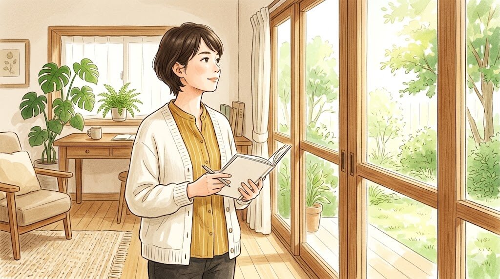 朝の光の中で窓を見て決意する女性と手帳