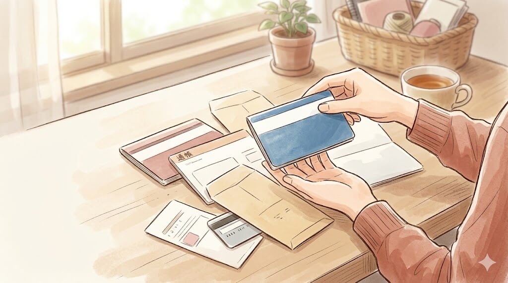 複数の通帳の中から一冊を手に取る場面
