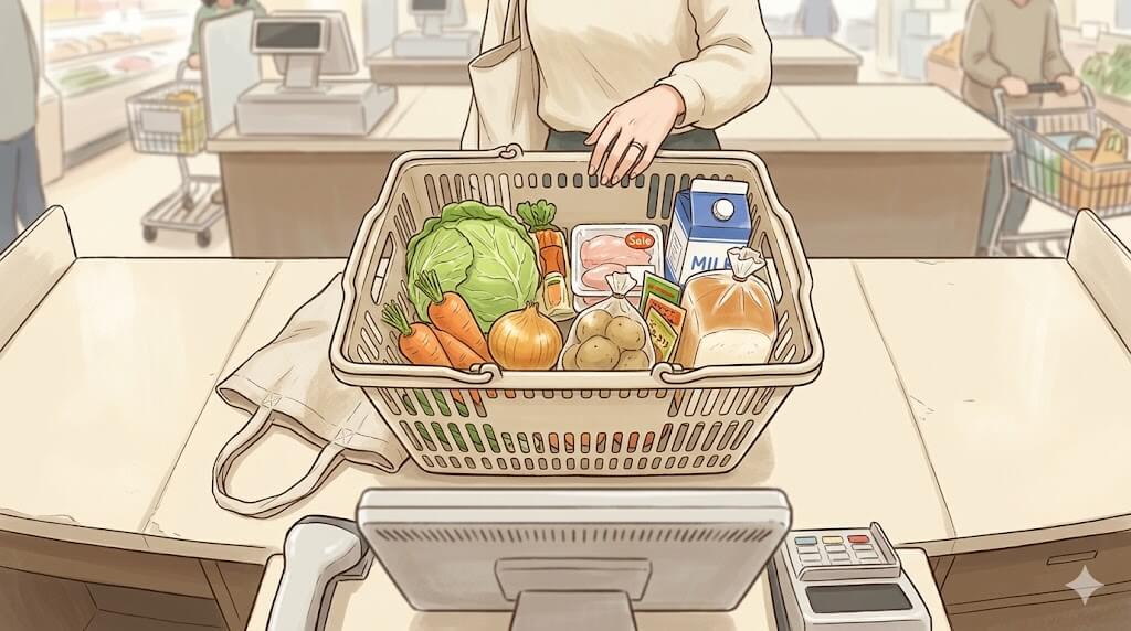 レジ台に並ぶ買い物かごの中身イラスト