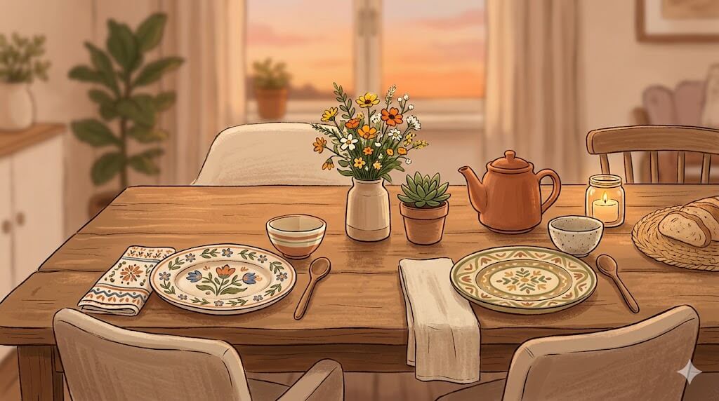 夕暮れのダイニングに並ぶ二人分の食器のイラスト