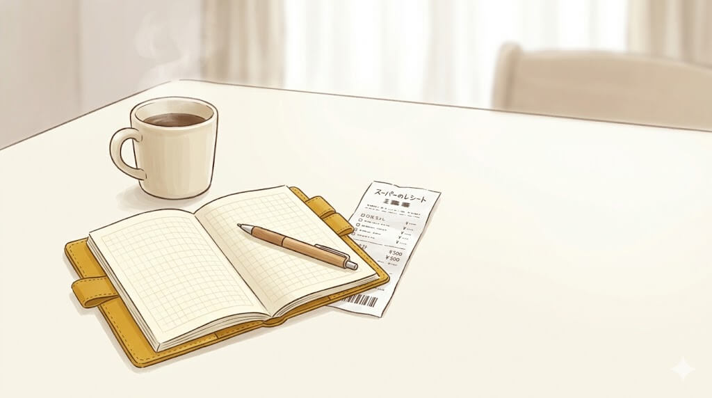 手帳とレシートが並ぶ朝のテーブルイラスト