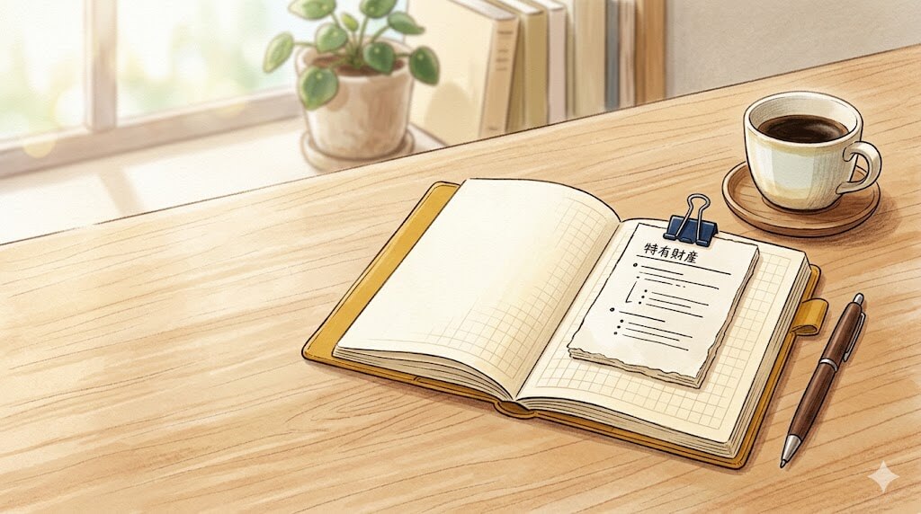 手帳とコーヒーが並ぶデスクのイラスト