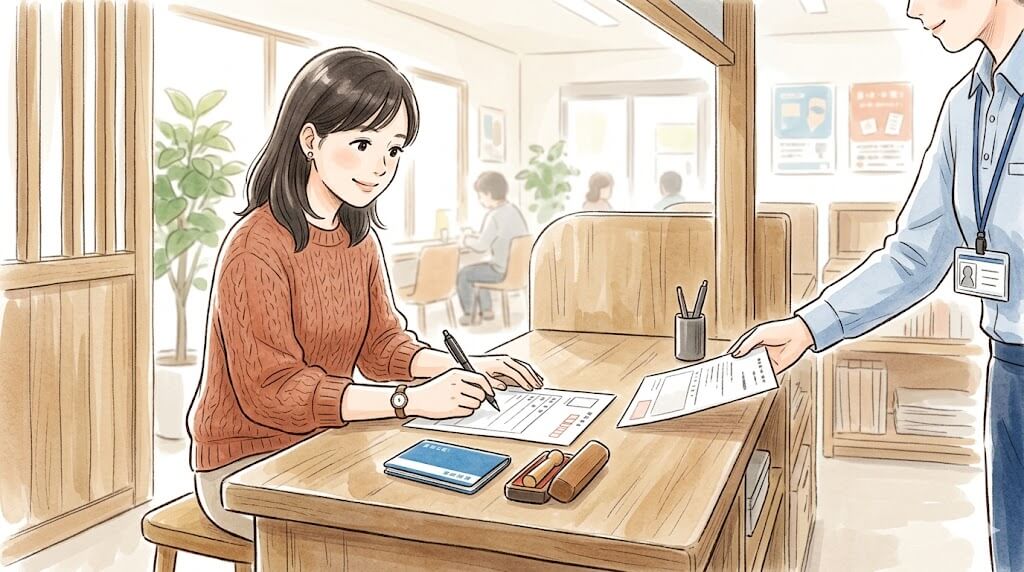 郵便局窓口でゆうちょ解約手続きをする女性