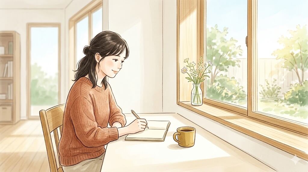 朝の窓辺で手帳を広げシンプルに整えた暮らしを感じる女性