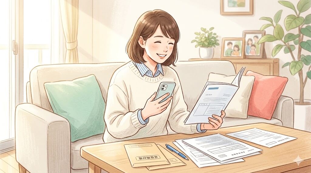 スマホで就学支援金の手続きを確認する母親のイラスト