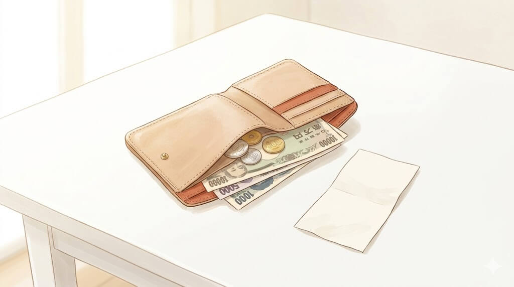 ポイントカードなしの財布と現金とレシート