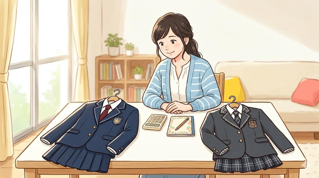 公立と私立の制服を見比べる母親のイラスト