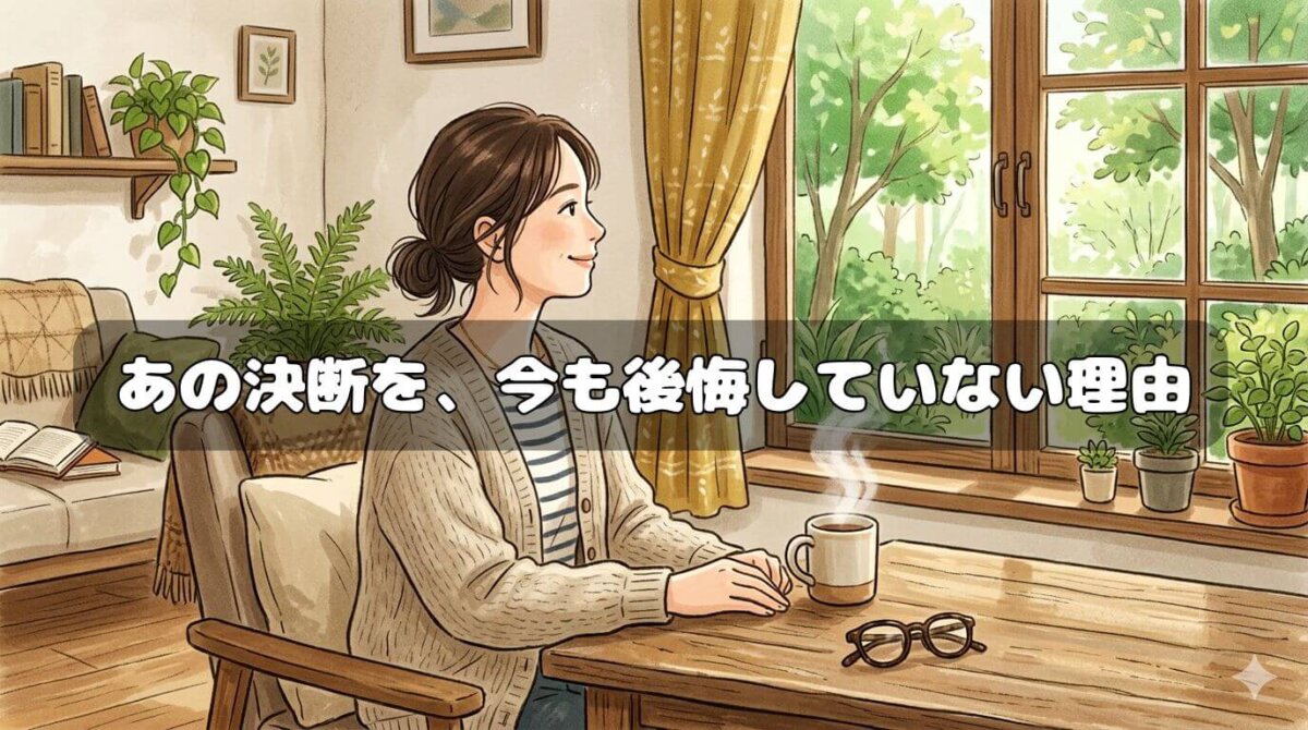 窓辺で外を眺める裸眼の女性とマグカップ